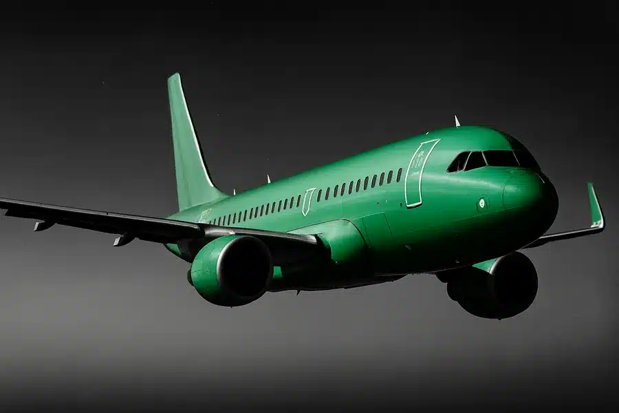 An airplane in flight against a clear sky.