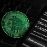 Bitcoin coins next to a smartphone displaying the Charles Schwab investment app.