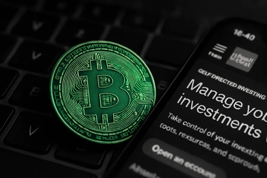 Bitcoin coins next to a smartphone displaying the Charles Schwab investment app.