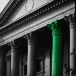 Facade of a classical bank building with columns.