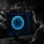 Scientist working in a laboratory with computer screens displaying scientific data.