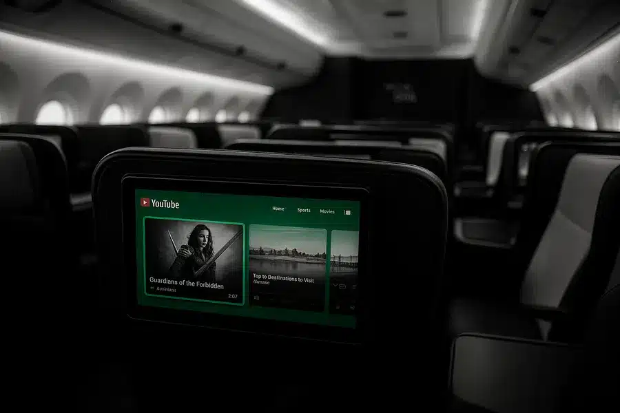 Delta Air Lines premium cabin with individual passenger suites including screens and seating.