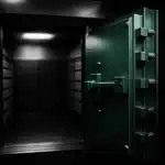 Open bank vault with safety deposit boxes.