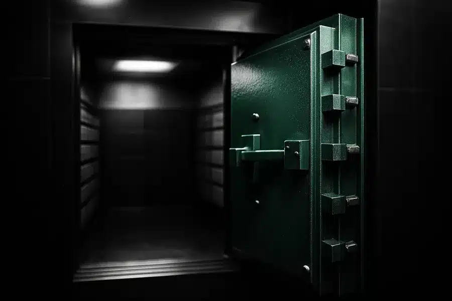 Open bank vault with safety deposit boxes.