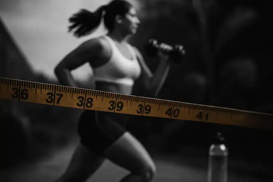 Illustrative depiction of an active person exercising with health symbols.