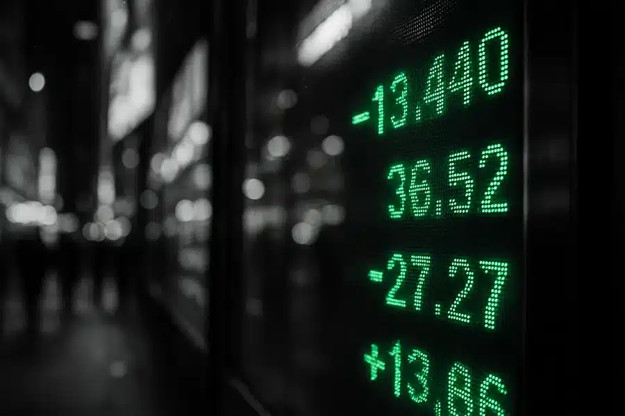 Electronic stock ticker displaying market data in a city environment.