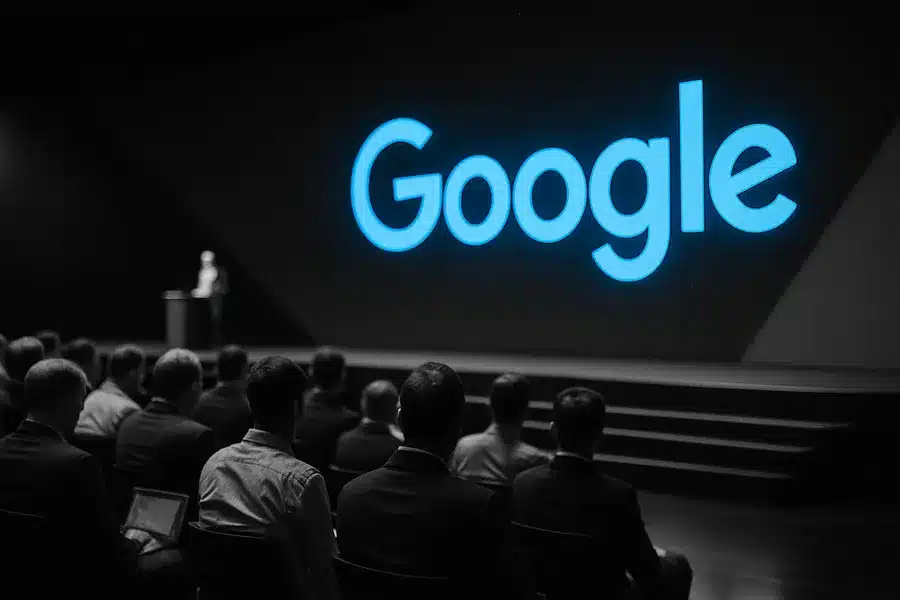 Conference with Google logo displayed on a large screen.