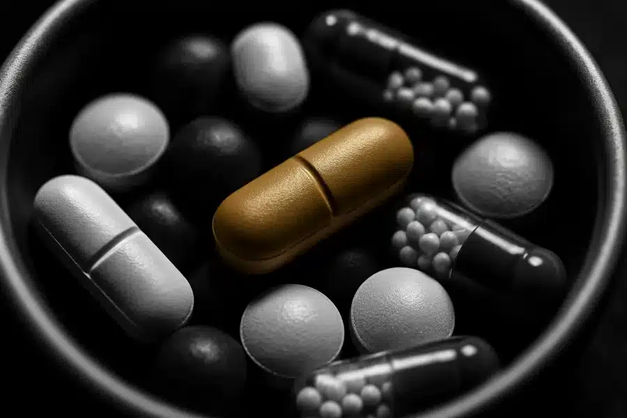 A bowl filled with various colorful pills including capsules and tablets.