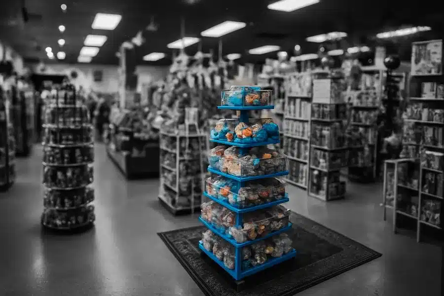 Retail toy store interior showcasing a wide assortment of toys and games.