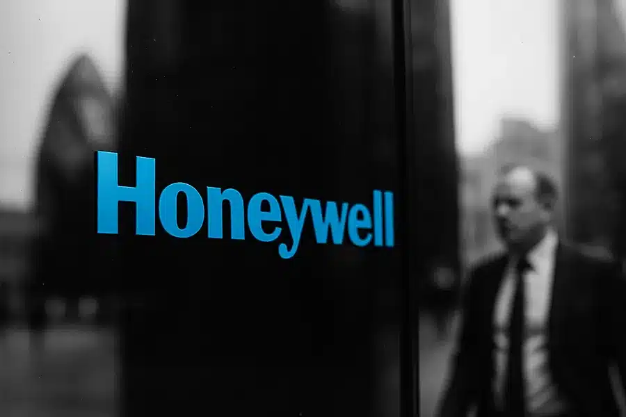 Honeywell logo on a black building facade.