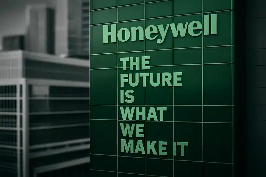 Honeywell building facade with branding and slogan.