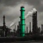 State oil refinery with industrial structures and smoke emissions.