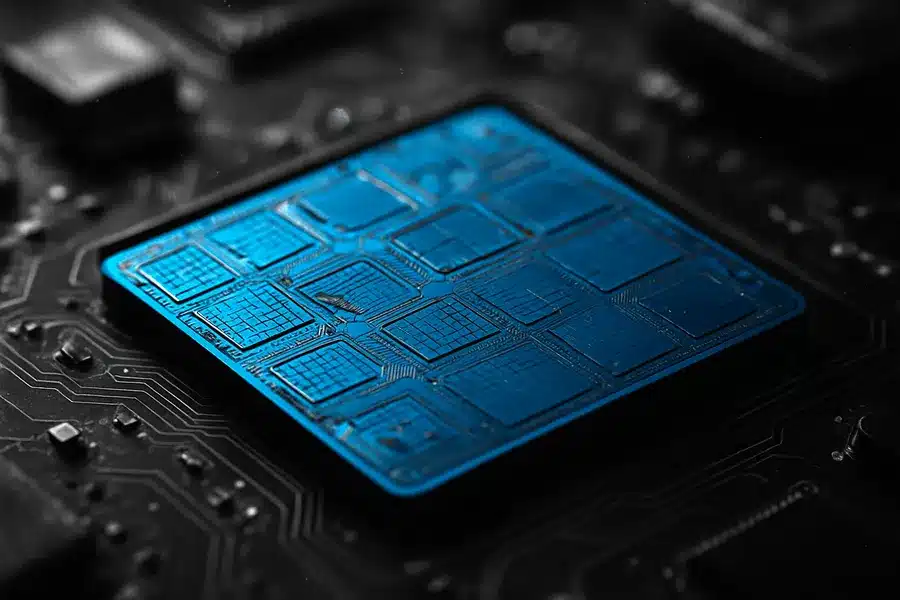 A detailed image of a microchip on a circuit board.