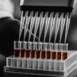 Laboratory pipetting system with test tubes.