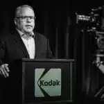 CEO and Kodak branded podium alongside a Panavision camera setup.