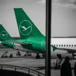 Grounded aircraft at an airport terminal.