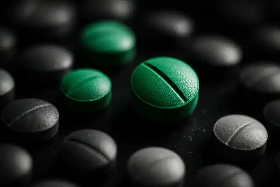 Overhead view of blue medical pills arranged in a pattern.