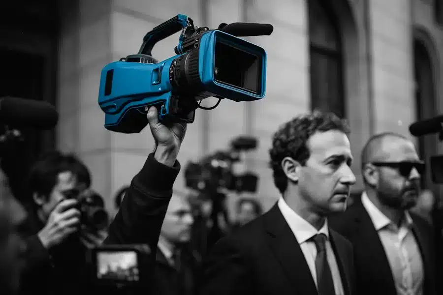 A busy scene showing media cameras outside a courthouse.