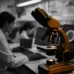 Laboratory scene with researchers working at computers and microscopes.
