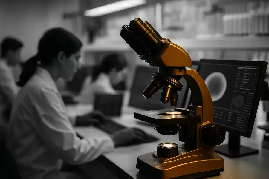 Laboratory scene with researchers working at computers and microscopes.