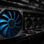 A bank of GPUs in a server rack setup.