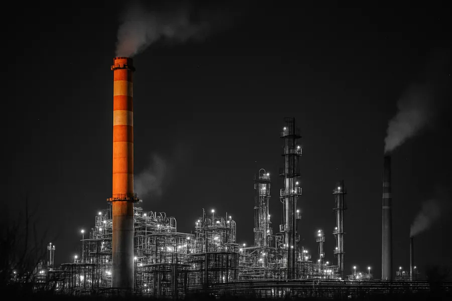 An industrial oil refinery illuminated at night with multiple chimneys and smoke.