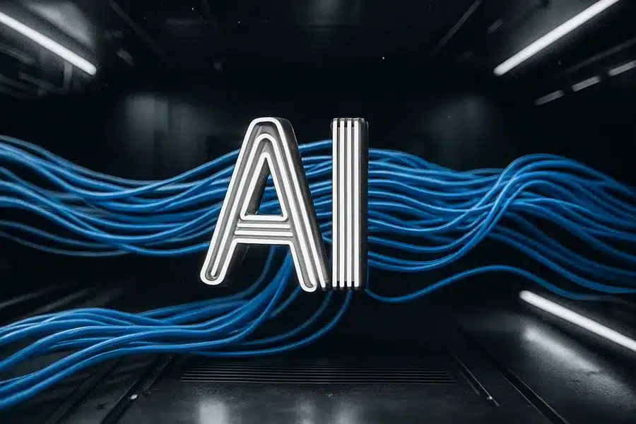 The 'AI' neon sign with digital cables