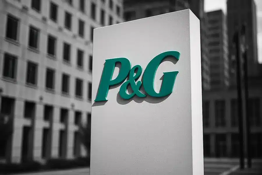 The P&G corporate building facade with prominent signage.