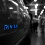 A Rivian vehicle in a factory setting.