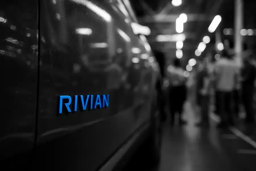 A Rivian vehicle in a factory setting.