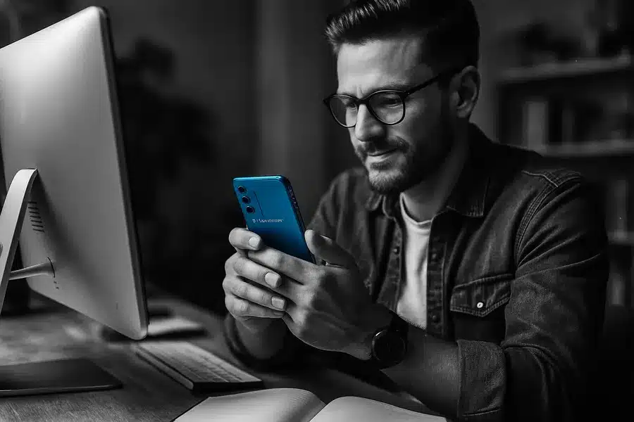 A worker at a desk using a smartphone in a tech-related setting.