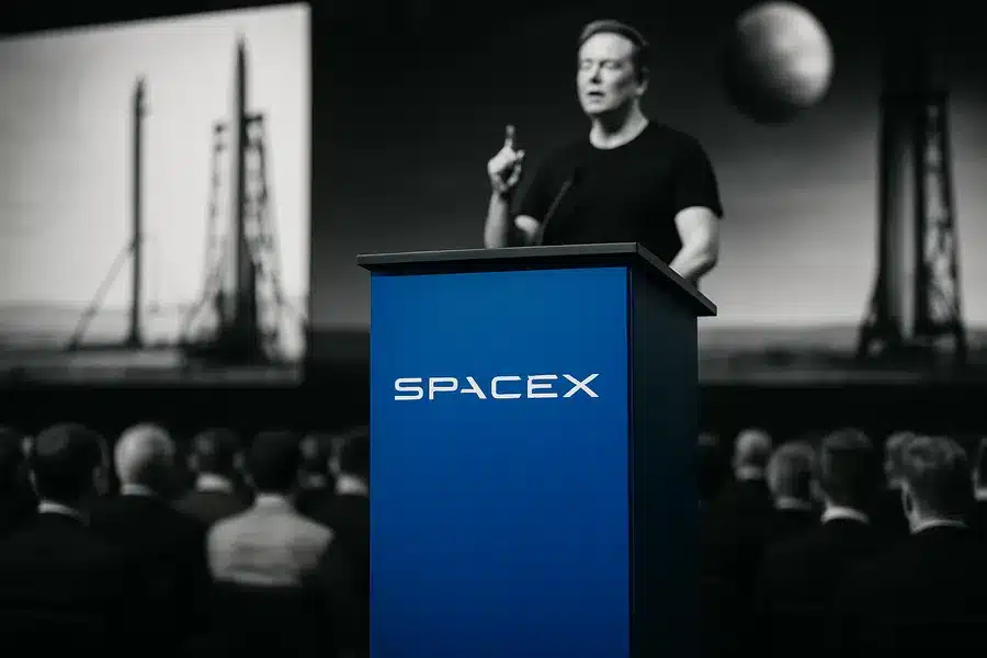 SpaceX presentation with rocket imagery and audience.
