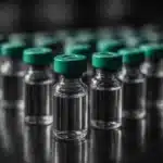 Vials of chemical solution arranged on a reflective surface.