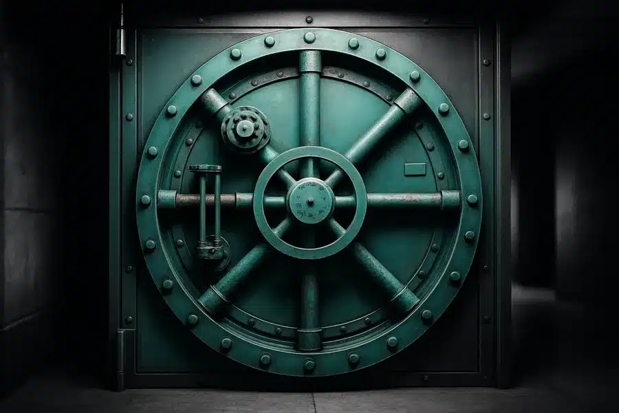 A large, secure bank vault door.