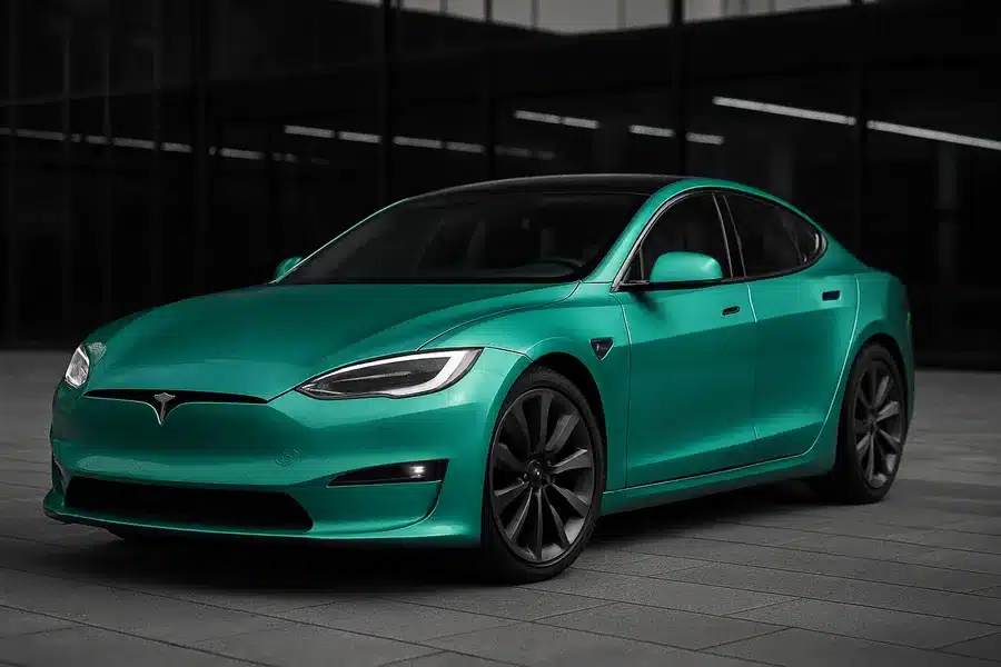 A Tesla car parked outside a glass building.