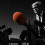 Media interaction with microphones capturing a statement.