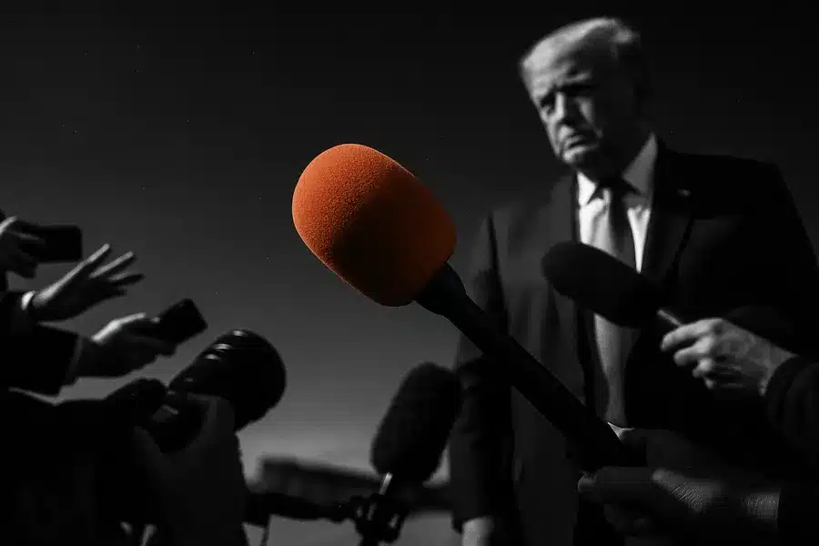 Media interaction with microphones capturing a statement.