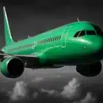 A commercial airplane flying in the sky.