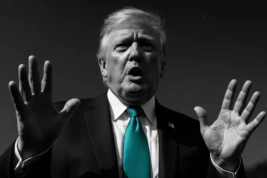 A prominent public figure making a forceful gesture.