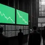 Stock exchange trading floor with multiple digital stock boards.