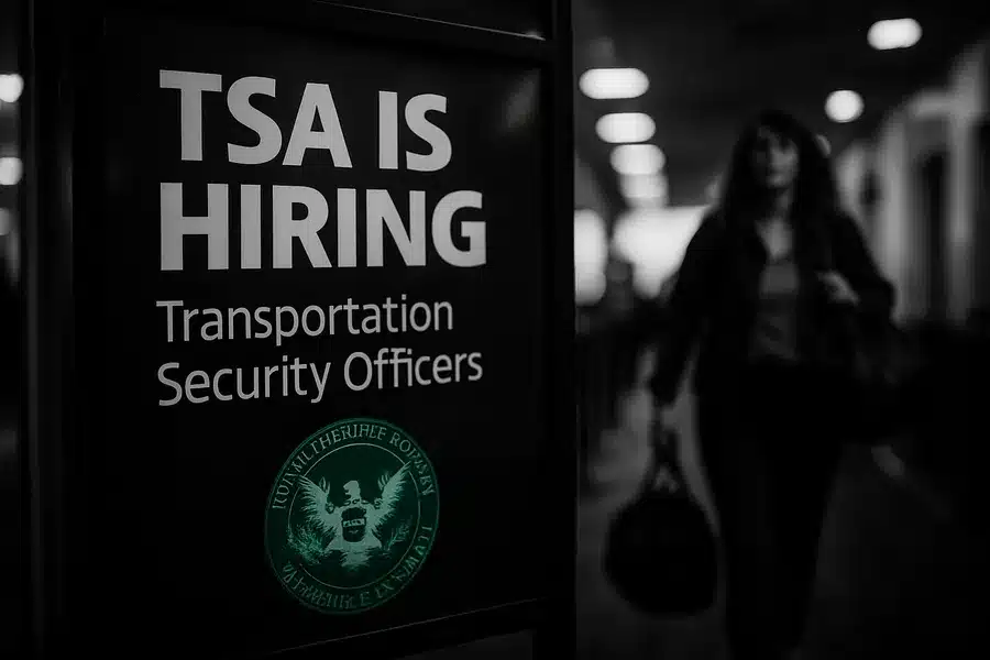 A 'TSA is Hiring' sign at an airport.