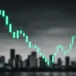 Skyline of a city with financial graphs overlaid.