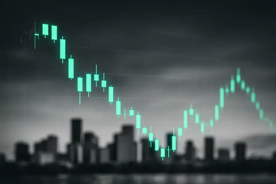 Skyline of a city with financial graphs overlaid.