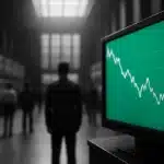 A stock exchange trading floor with multiple electronic screens showing financial data.