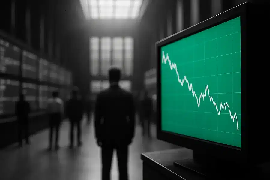 A stock exchange trading floor with multiple electronic screens showing financial data.