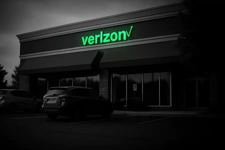 Verizon store facade with parked cars