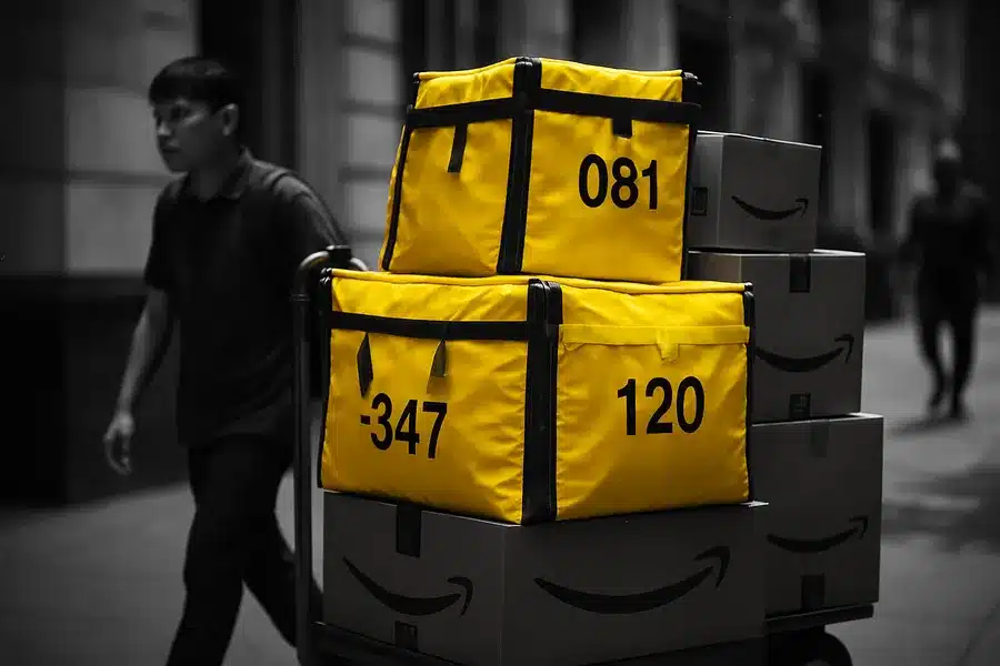 Amazon delivery cart carrying packages in a city environment.