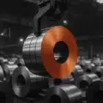 Industrial setting with large rolls of metal and machinery.