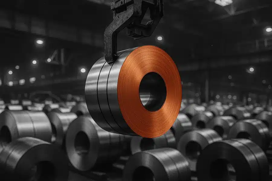 Industrial setting with large rolls of metal and machinery.