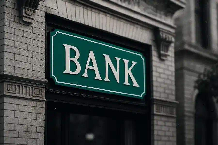 Bank sign on a building facade